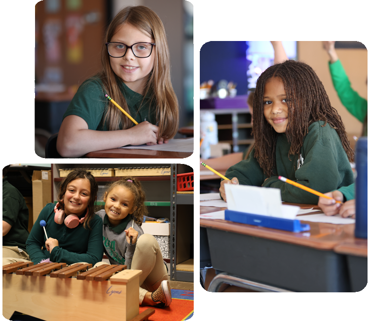 Collage showcasing various student activities including academics, science, and hands-on projects.